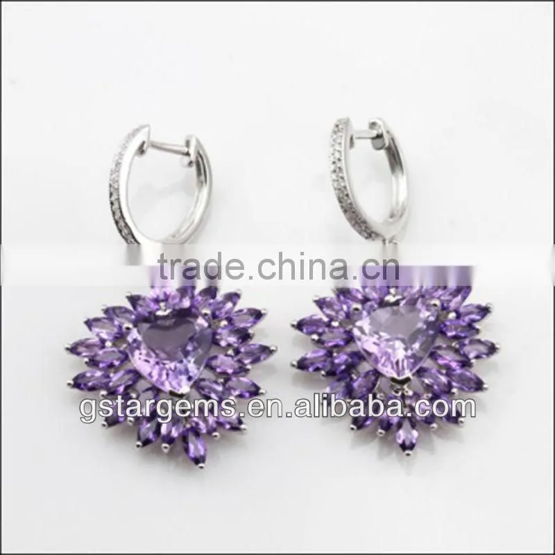 925 Sterling Silver Natural Gemstone Amethyst Rhodium Plated Jewelry CZ Earring
