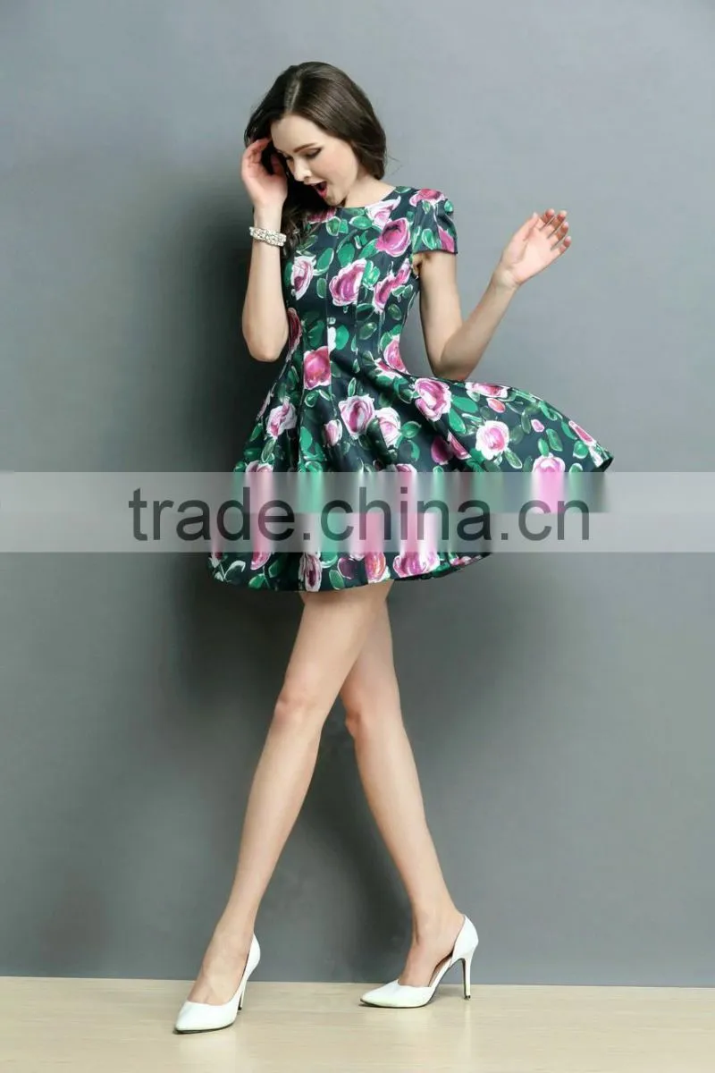 peony flower pattern emerald green beautiful lady fashion dress