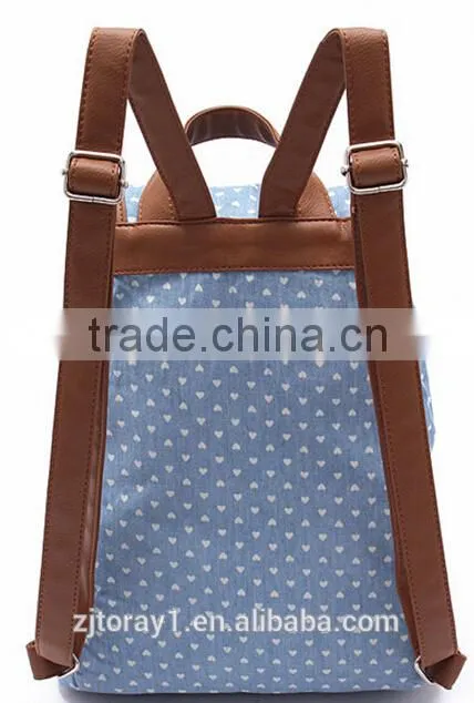 cotton canvas backpack travel bag school bag blue heart dotted
