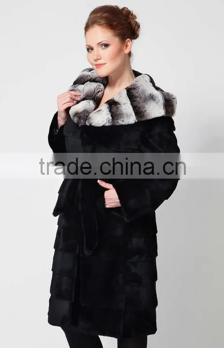 rex14071 black rex rabbit fur coat with chinchilla color hood and belt