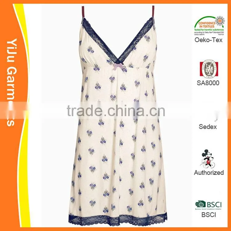 Young girl flower printing lace sexy strap cotton pajama sleepwear dress