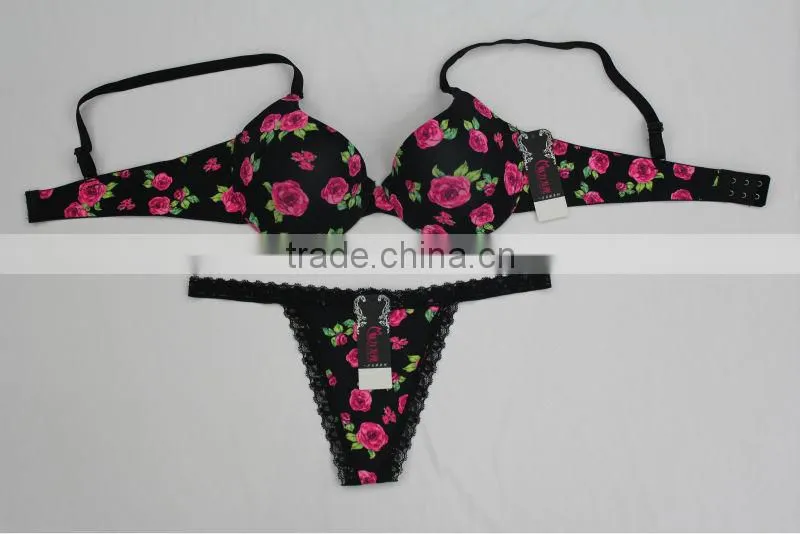 Latest Design Rose Print Sexy Fancy Bra Panty Set