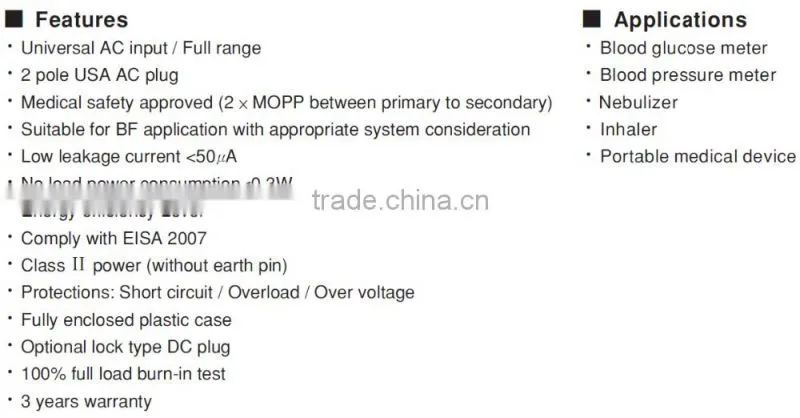 CE approved mean well 6w 9v high reliable medical power adapter with 3 years warranty