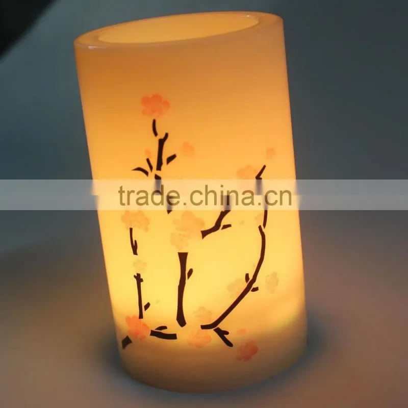 Cheap good yellow flickering led candle with printing pattern for home or party decor
