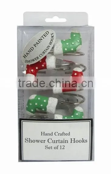 Christmas series shower curtain&12pcs decorative resin hooks set
