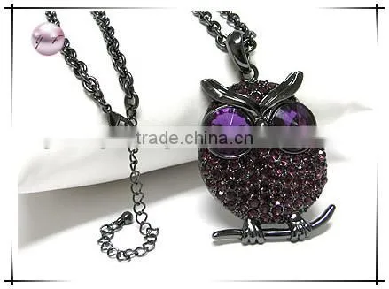 Crystal big eye owl pendant necklace