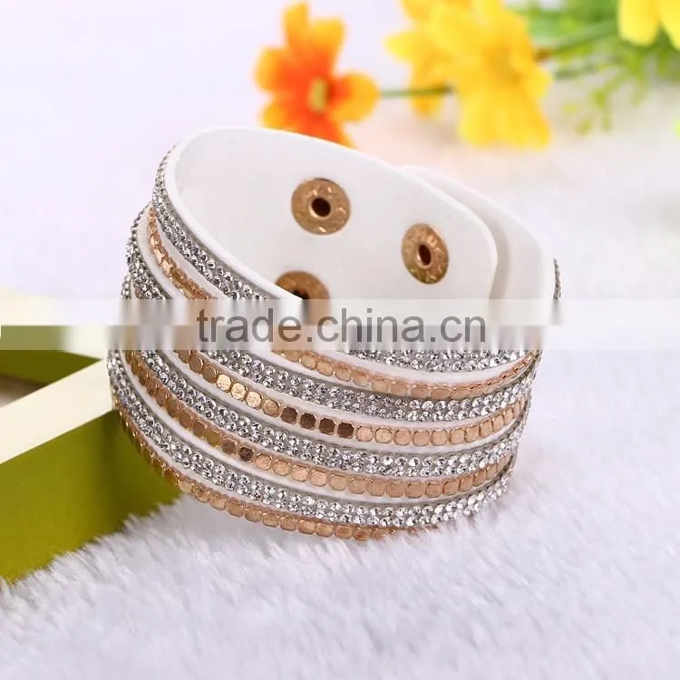 New Fashion Jewelry Woman Magnetic Clasp Leather Crystal Stones Bracelet