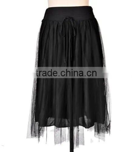 New Stylish Ladies Women Elegant High Waist Lace Mesh Pleated Long Skirt with Tie