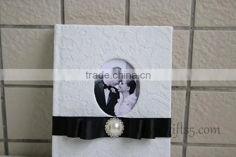 Elegant white lace wedding guest book wiht photo frame put your own photo on the book