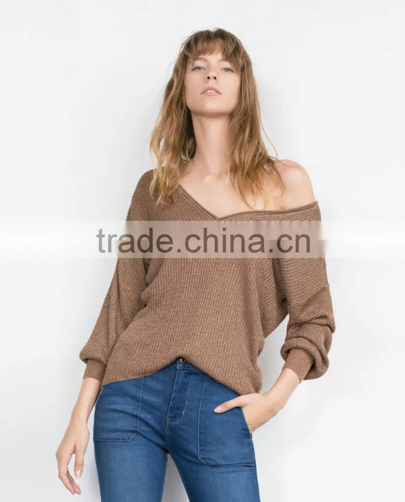 V neck thin sweater for women V front and back knitwear acrylic sweater