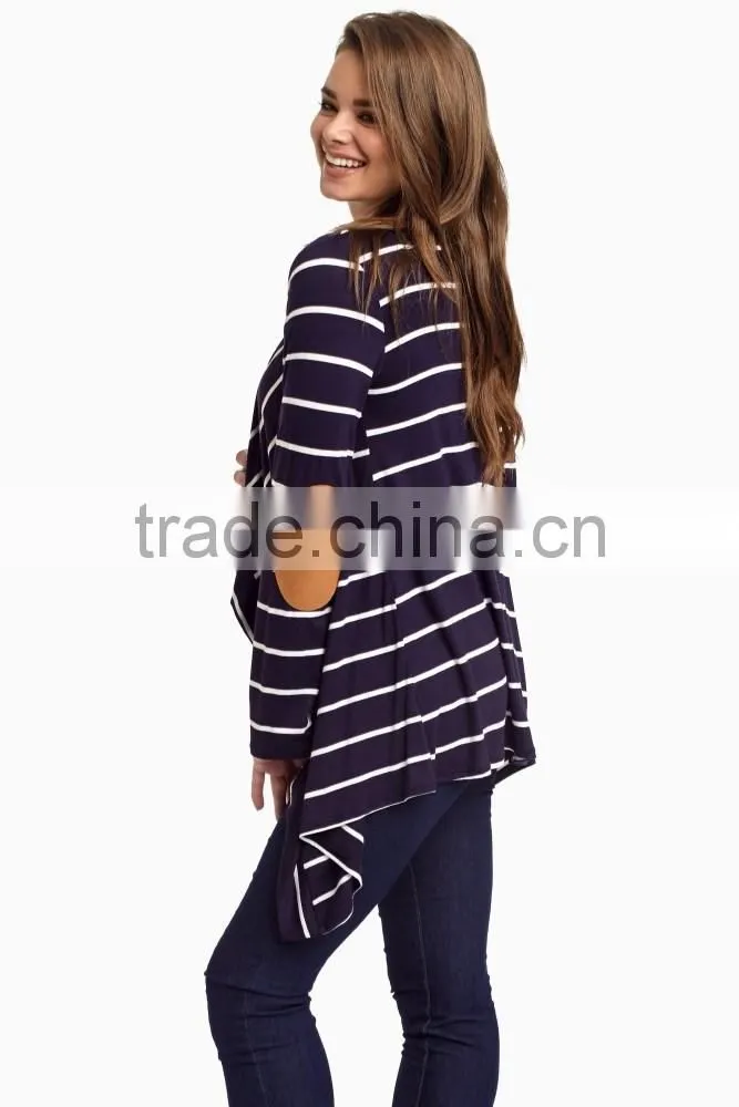 Most Popular Apparel Womens Knitted Cardigan Custom Plus Size Oversized Navy Striped Elbow Patch Cardigan Hot Sale