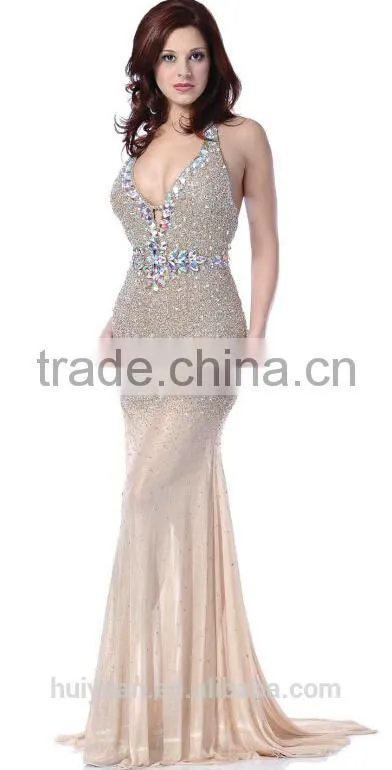sexy cream halter beaded bling backless cocktail dress