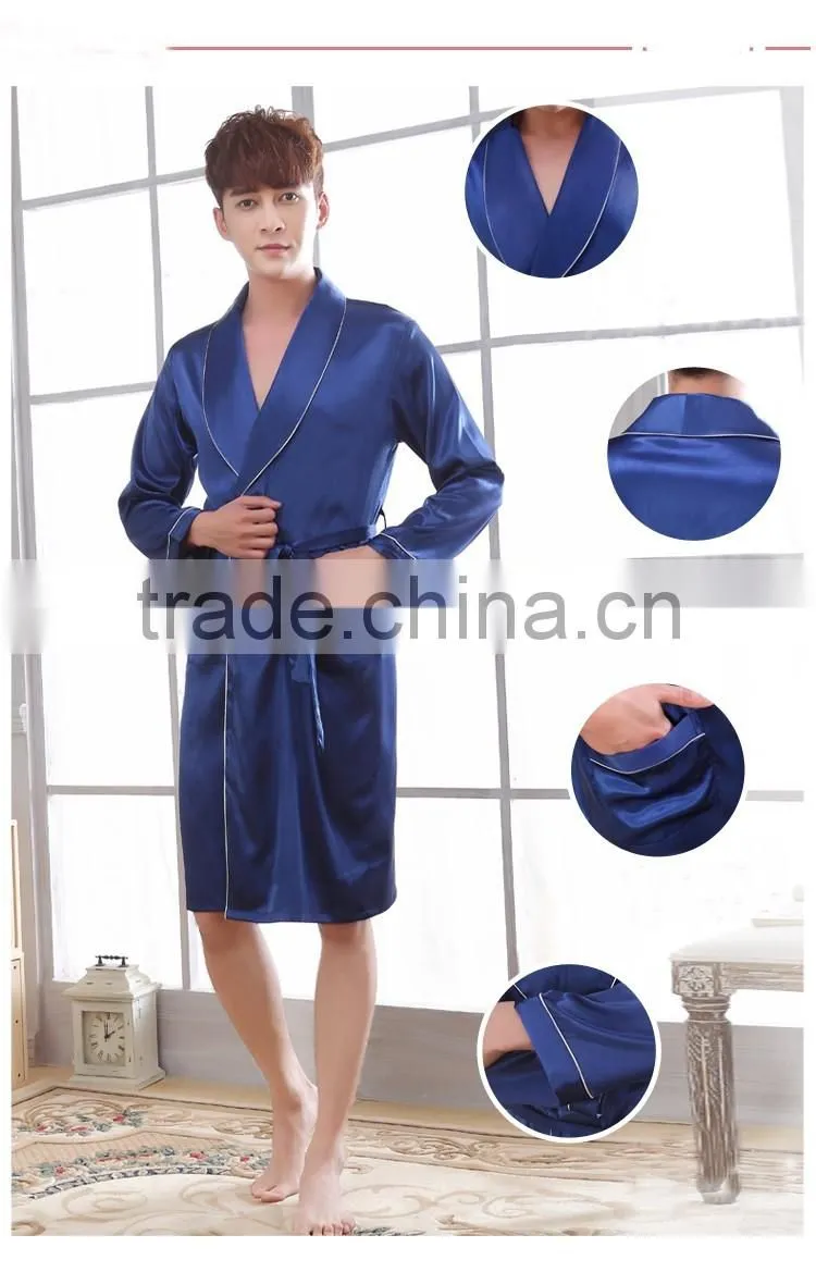 kimono silk robe satin men night robe pocket long belt white