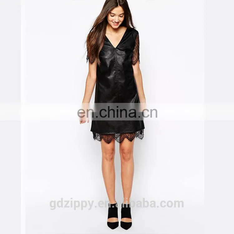 Alibaba express dresses Women leather dress in black