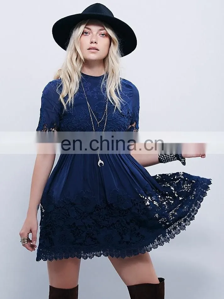 High quality short sleeve back open lace dress, tee lace dress
