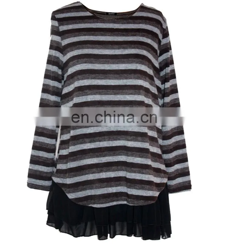 With Chiffon Lining Acrylic Striped Frill Hem Casual Wear Tunic For Fat Women