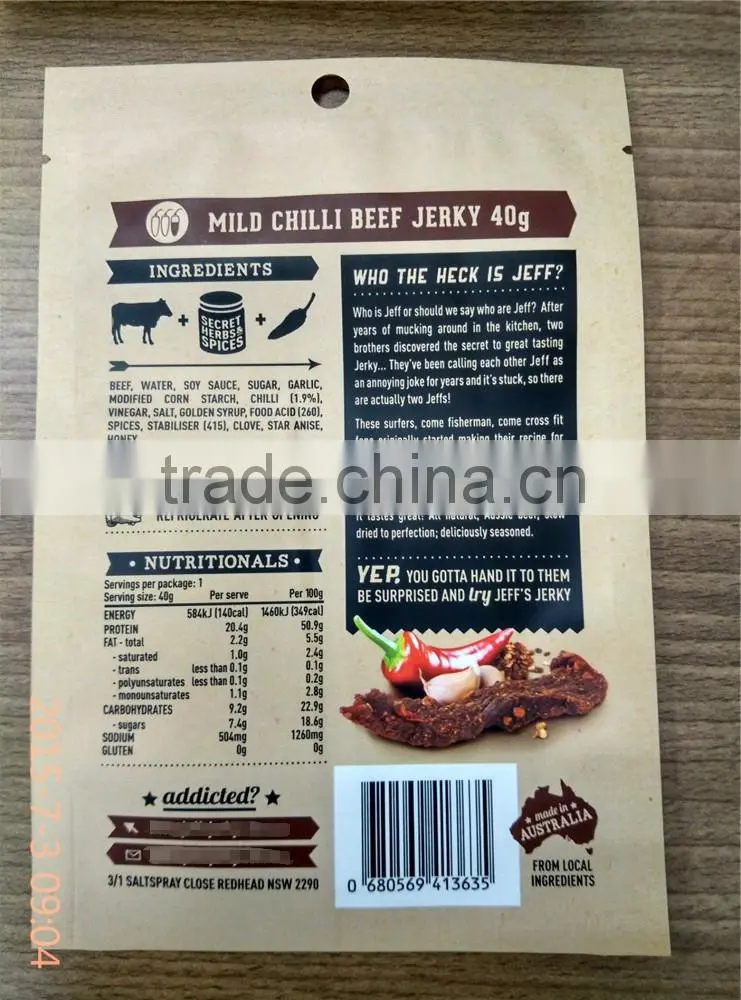 three side sealed paper craft lamination beef jerky packaging bags