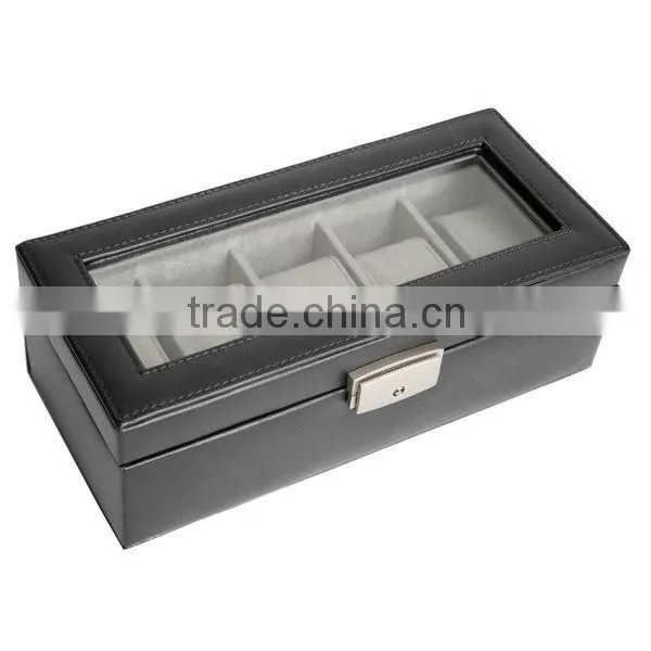 Black Genuine Leather 5-slot Watch Display Box Watch Organizer Case Travel Jewelry Case