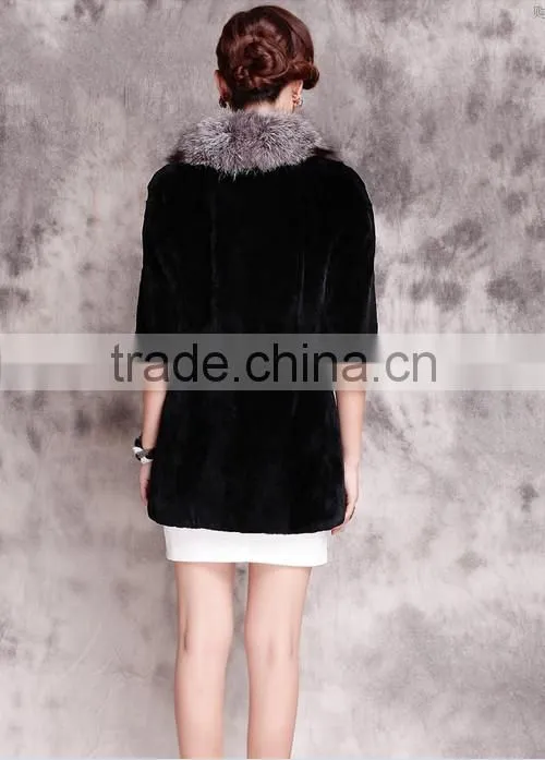 rex14062 newest rex rabbit fur coat with silver fox fur trim black