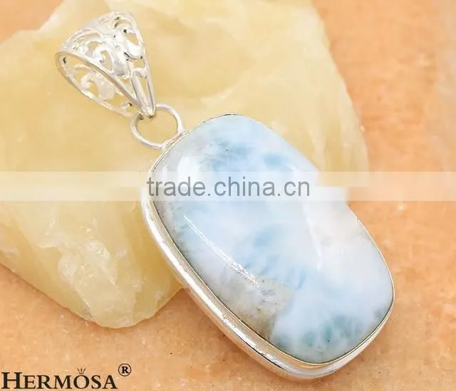 Hermosa New Natural LARIMAR Hot Jewelry 925 Sterling Silver Necklace Pendant