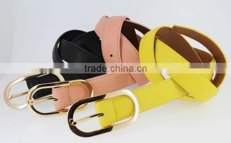 Women's fashion Pink PU leather new dress belt with smooth gold buckle belt