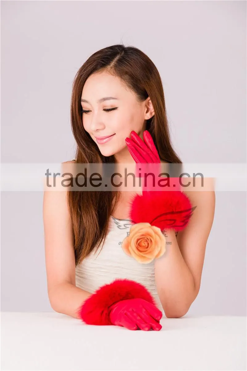 Cheap Cute Fashion Winter Warm Mittens Gloves Lamb Leather With Fox Fur Trimmings
