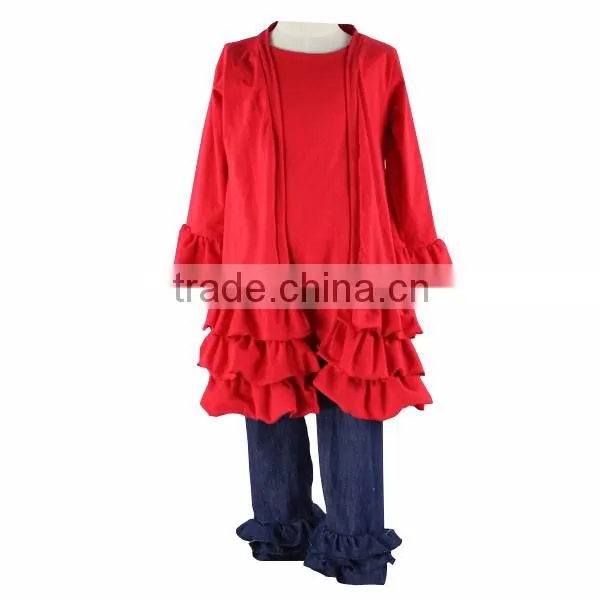 2016 Kaiyo wholesale children clothing usa 3piece set solide red top with jeans pants kids Chrismas boutique clothing