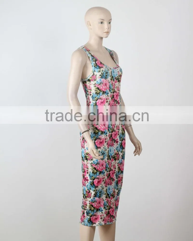 New Style One Piece Long Evening Dress Ladies Sleeveless Floral Printed Night Dress