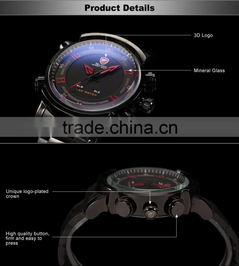 SHARK Sport Men Multiple Function Japan Movement Large Dial LED Display Digital Wrist Watches