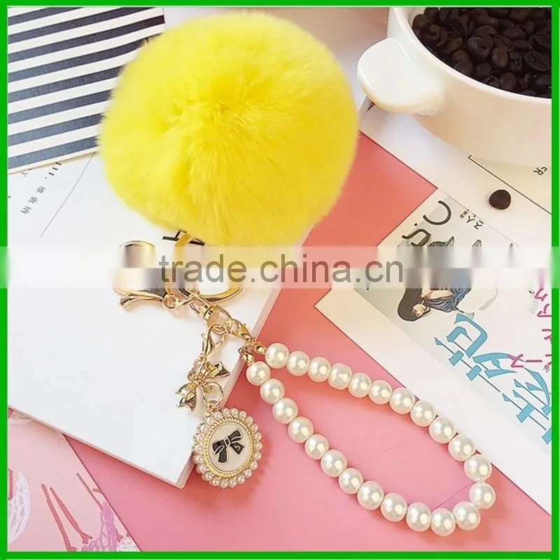 Custom pom pom rabbit fur ball keychain with pearl