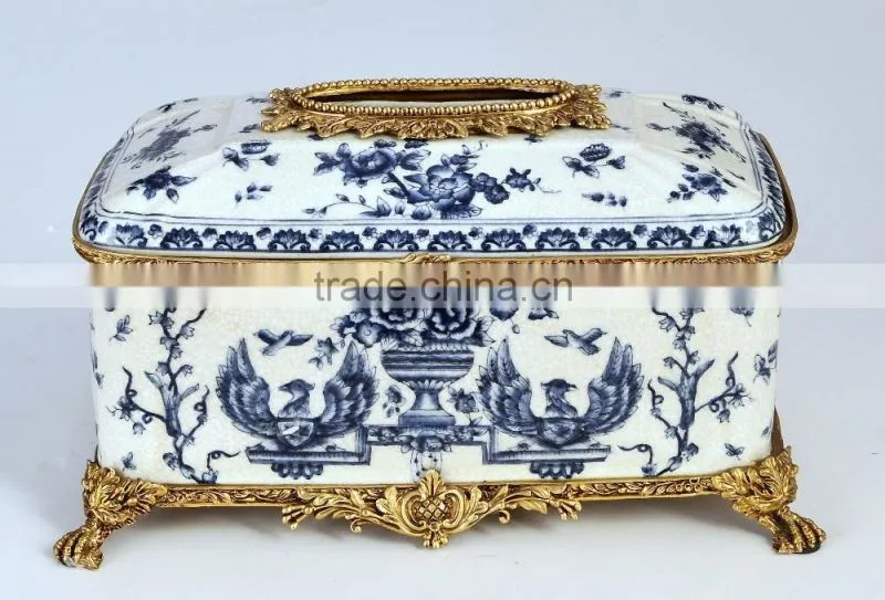 Lovely red plum blossom painting grasshopper shape brass decorative ceramic tissue box