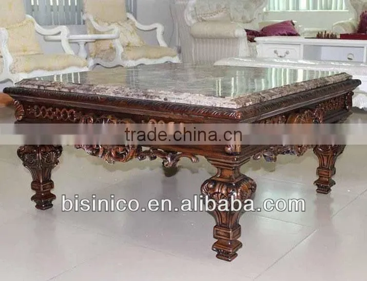 Luxury Spanish style living room square hand carved wooden coffee table marble table top