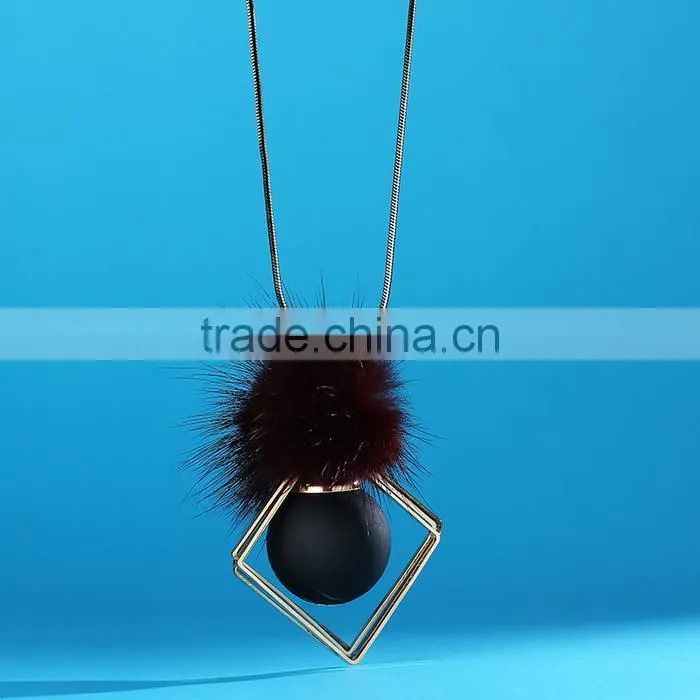 chunky ball metal square pendant necklace winter mink fur ball pendant necklace geometric sweater necklace