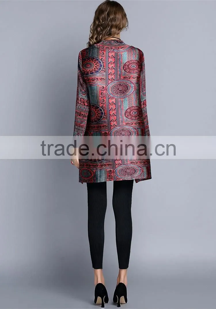 Women drape vintage printed retro style long sleeve dresses
