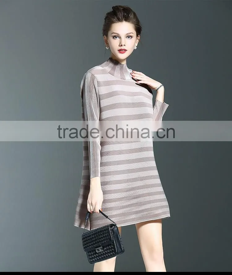Spring models lady casual clothing stripped turtleneck crinkled dress
