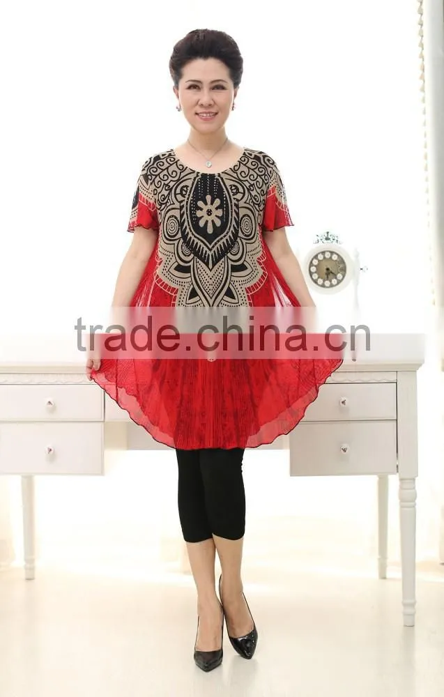 Elegant lace formal short sleeve printed floral loose blouses for old ladies