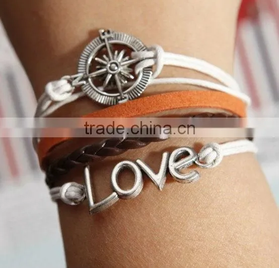 heart to heart bracelet, love with green flocking leather,brown baided Leather bracelet, friendship charm bracelet