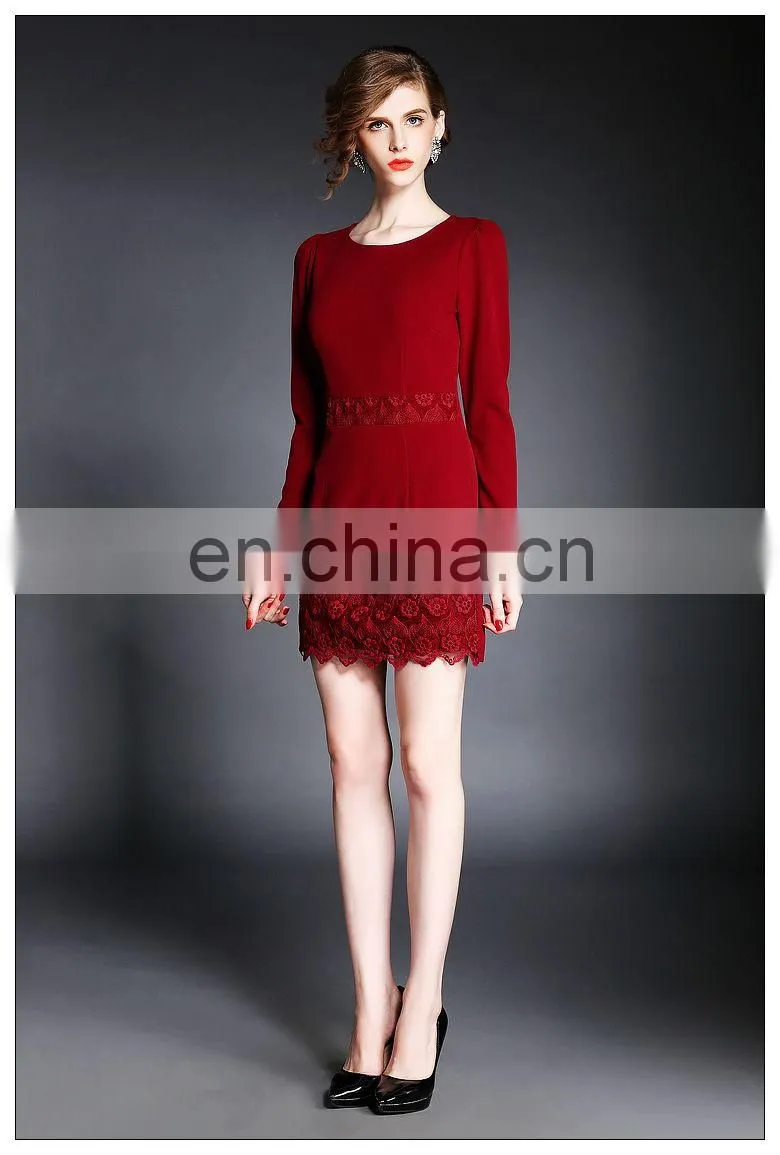 High quality ladies Maroon dress with lace trim, long sleeve fashion Autumn dress