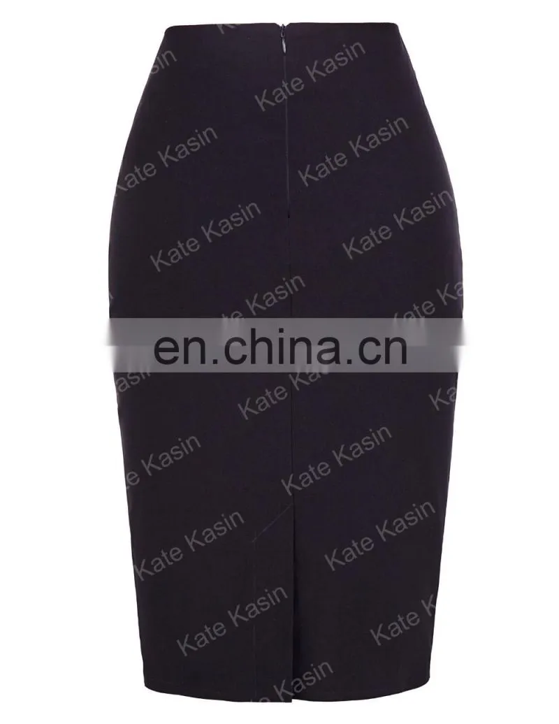 Kate Kasin High Stretchy High Waist Shirred Waist Detail Hips-Wrapped Black Pencil Skirt KK000268-1