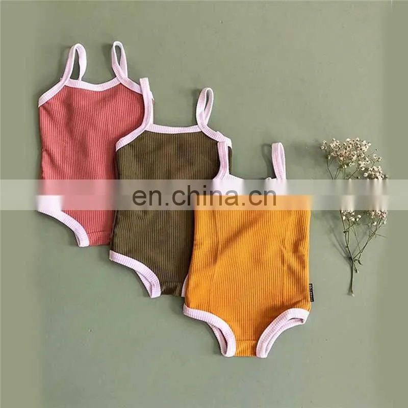Summer Strap Draw String Organic Cotton Ribbed Newborn Clothes Baby Romper