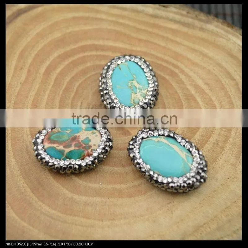 Wholesale LFD-0037B Druzy Blue Imperial Jasper Stone Pave Rhinestone Oval Shape Connector Beads Jewelry Finding