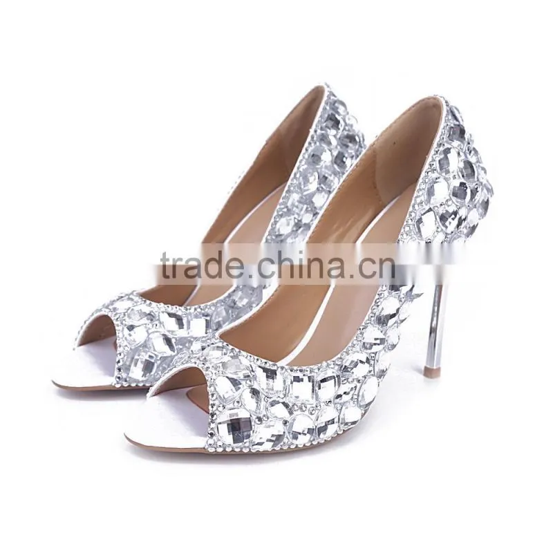 Stylish Open Toe Footwear Safety Metal Heels, Custom Low Heel Silver Crystal Wedding Shoes