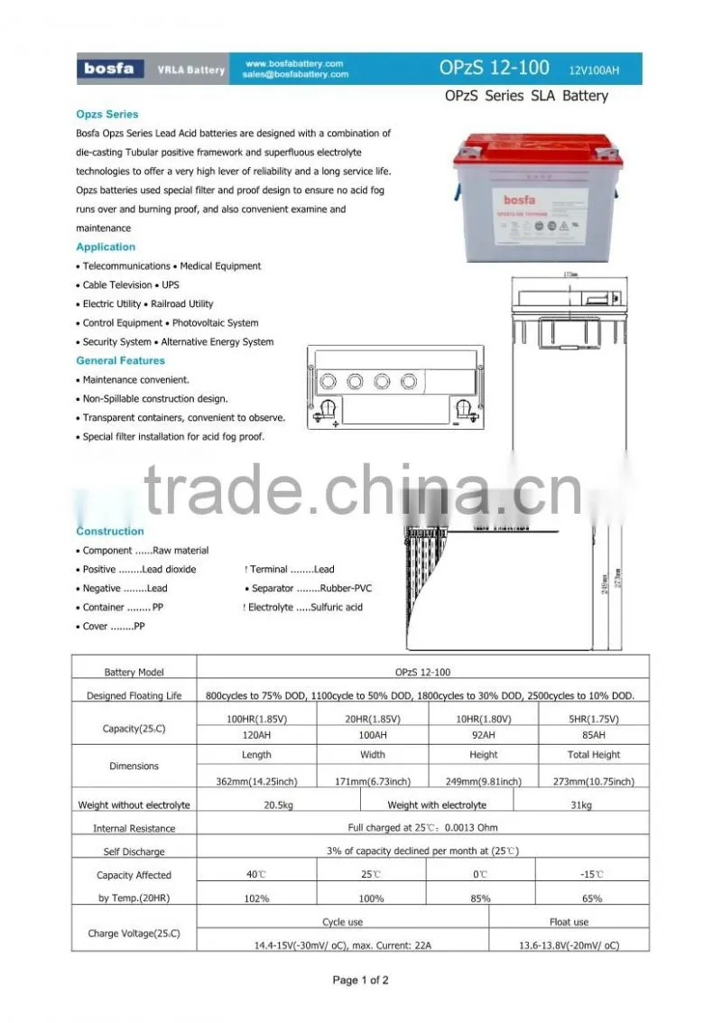 OPzS100 solar tubular plate battery tubular 100ah solar tubular batteries 12v electric tricycle battery manufacturers