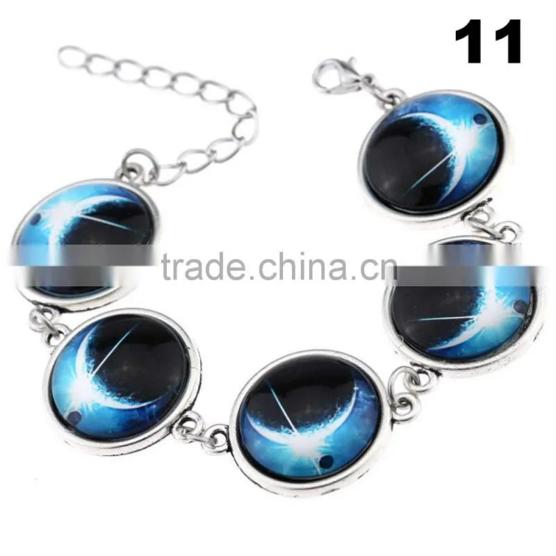 Wholesale Cabochon Glass Nebula Bangle -Galaxy Space -Novelty Metal Cuff Chain Bracelet