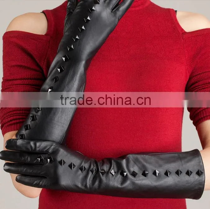 women's winter sheepskin long leather gloves with studs/rivet
