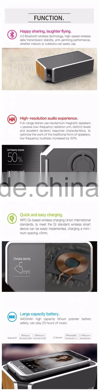 2016 High-qulity Music effect Bluetooth Speaker with Qi Standard Remote Wireless Charger