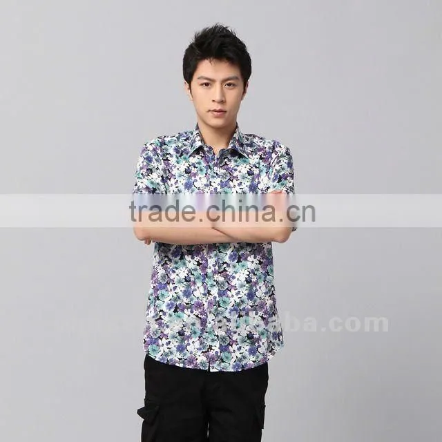 Latest 100% cotton floral short sleeve Italy style popular men's printed satin shirts