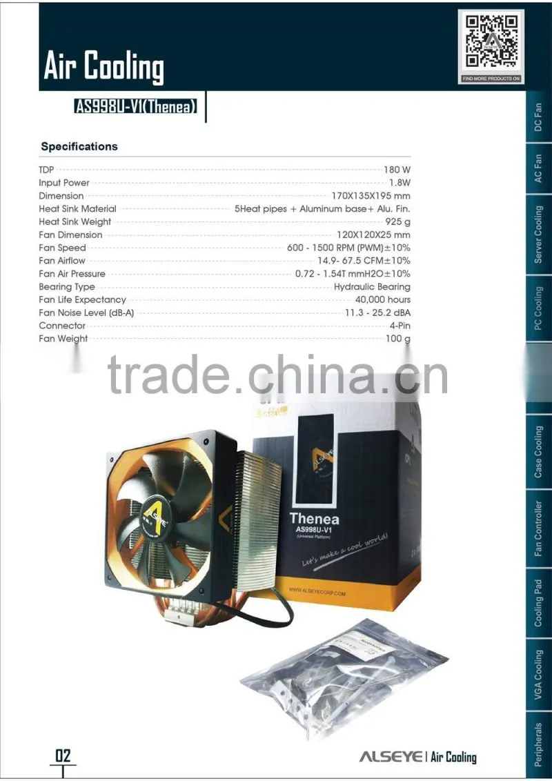 Alseye AB1701 manufacture AS998U-V1 cpu cooler reviews heatsink fan 1500RPM 180W TDP aircooler