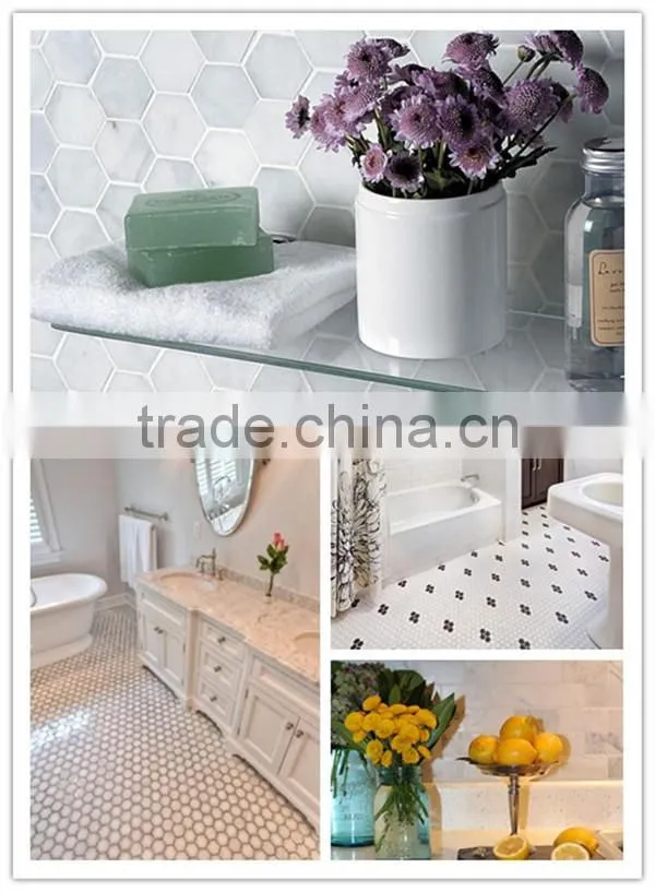 White carrara and dark black marble stone hexagon shaped mosaic