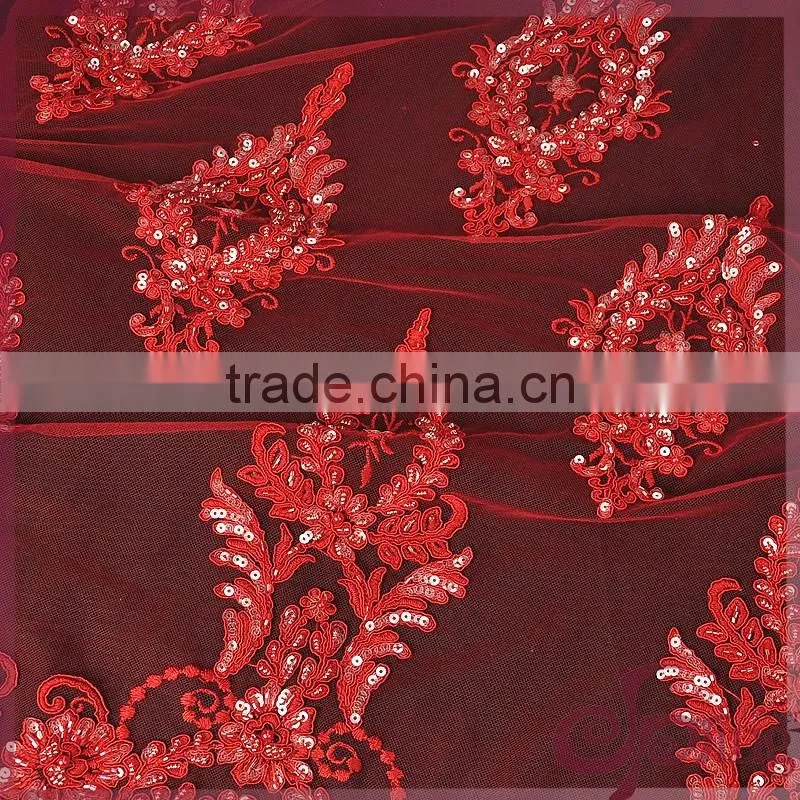 Red floral tulle embroidery with cord lace,sparkle beaded sequin lace fabric for wedding